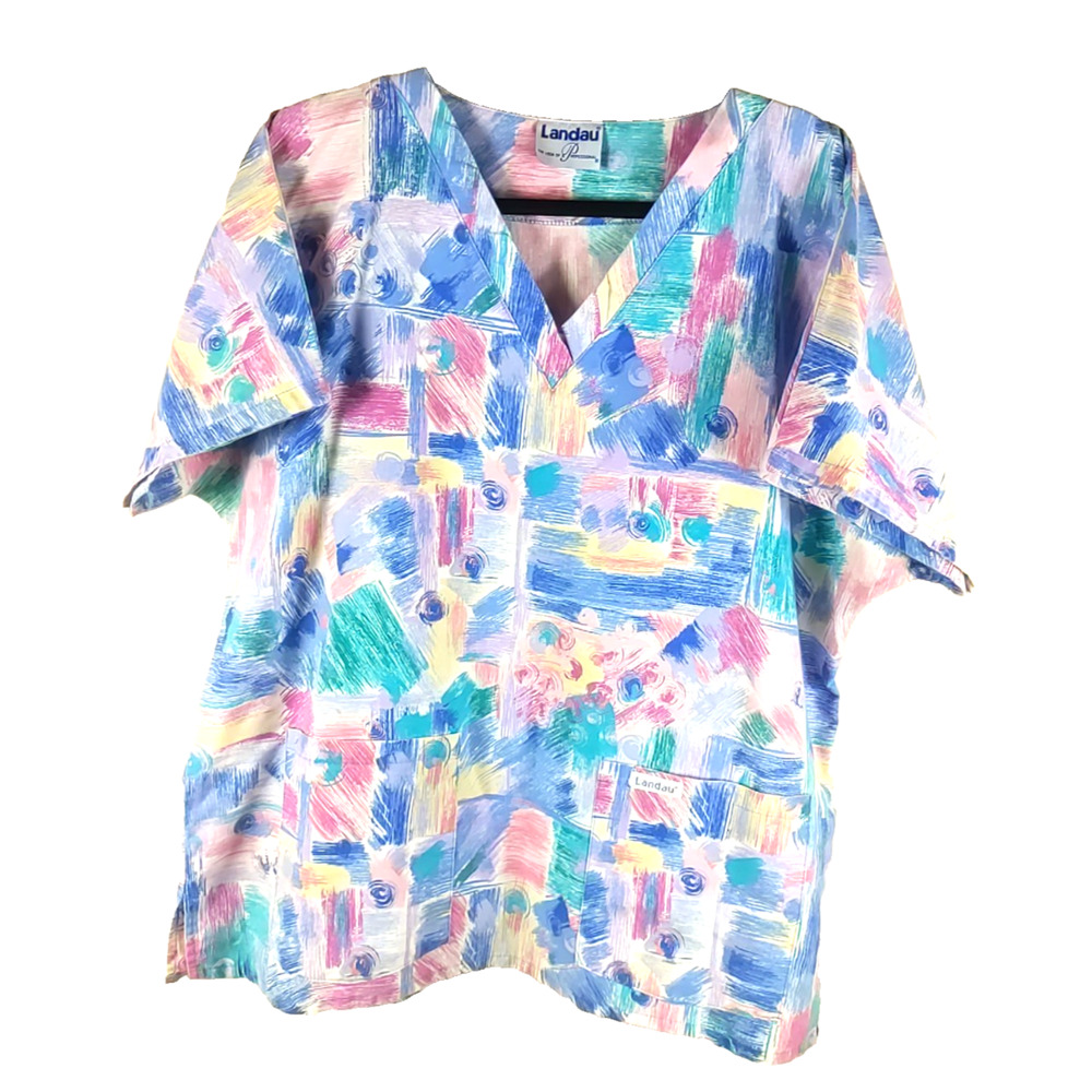 Vintage Landau Women's Scrub Top Size X Large Pink Blue Medical